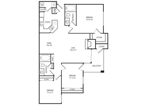 Floor plan for 3 beds, 2 baths, 1279 sqft