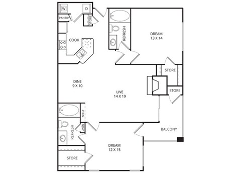 Floor plan for 2 beds, 2 baths, 1158 sqft