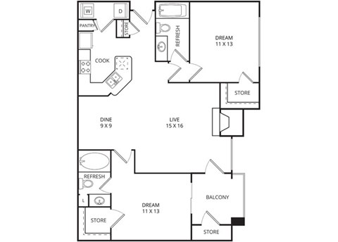 Floor plan for 2 beds, 2 baths, 1029 sqft