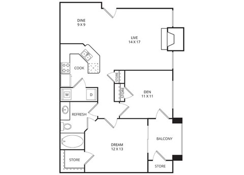Floor plan for 1 bed, 1 bath, 901 sqft
