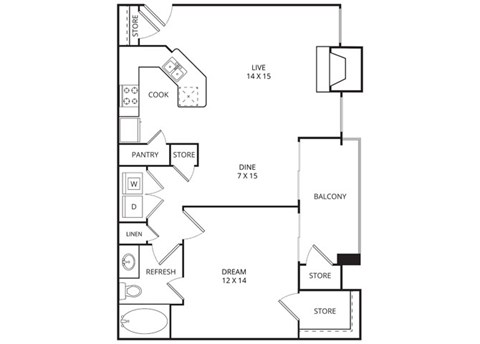 Floor plan for 1 bed, 1 bath, 801 sqft