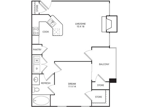 Floor plan for 1 bed, 1 bath, 713 sqft