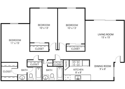 Floor plan for 3 beds, 2 baths, 1156 sqft