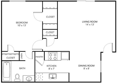 Floor plan for 1 bed, 1 bath, 622 sqft