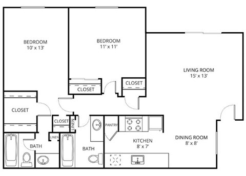 Floor plan for 2 beds, 2 baths, 891 sqft