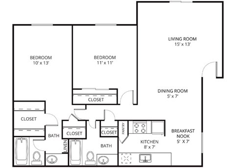 Floor plan for 2 beds, 2 baths, 988 sqft