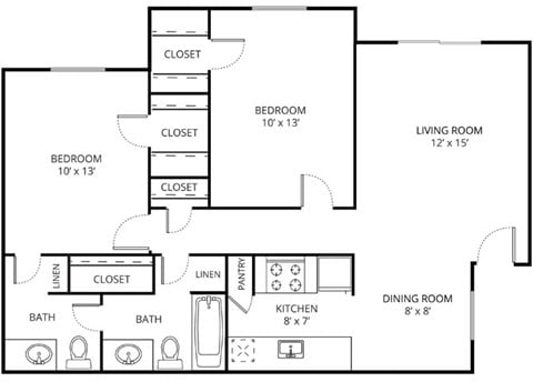 Floor plan for 2 beds, 1.5 baths, 865 sqft