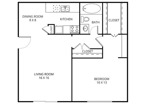 Floor plan for 1 bed, 1 bath, 661 sqft