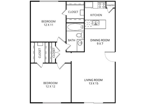 Floor plan for 2 beds, 1 bath, 840 sqft