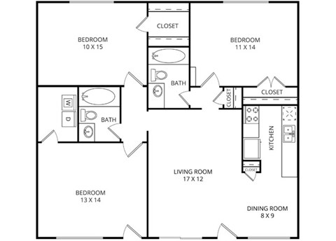 Floor plan for 3 beds, 2 baths, 1120 sqft