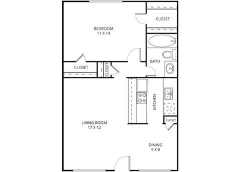 Floor plan for 1 bed, 1 bath, 648 sqft