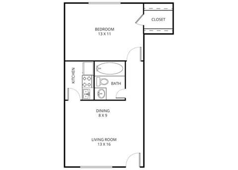 Floor plan for 1 bed, 1 bath, 472 sqft
