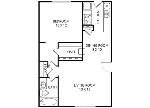 Floor plan for 1 bed, 1 bath, 696 sqft