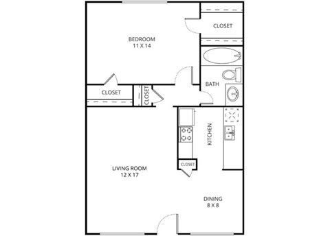 Floor plan for 1 bed, 1 bath, 656 sqft