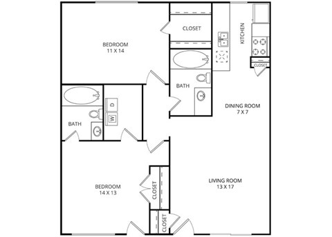 Floor plan for 2 beds, 2 baths, 896 sqft