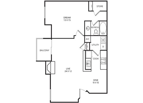 Floor plan for 1 bed, 1 bath, 750 sqft