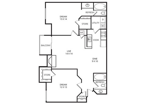 Floor plan for 2 beds, 2 baths, 1000 sqft