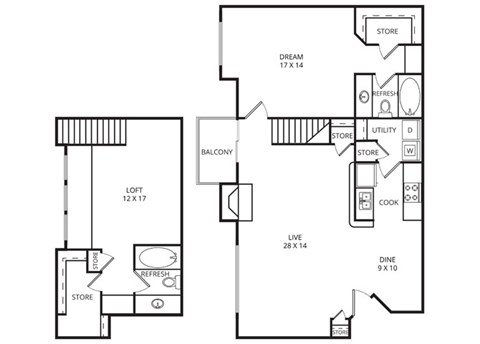 Floor plan for 2 beds, 2 baths, 1400 sqft