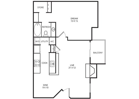 Floor plan for 1 bed, 1 bath, 700 sqft