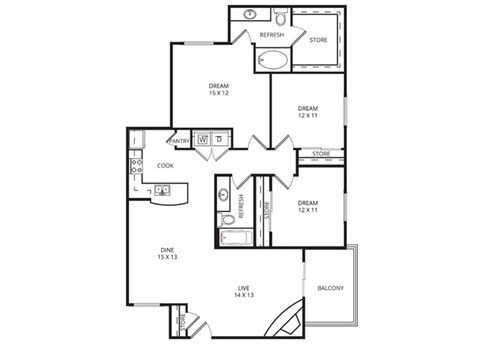 Floor plan for 3 beds, 2 baths, 1370 sqft