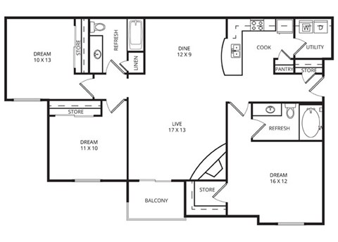 Floor plan for 3 beds, 2 baths, 1348 sqft