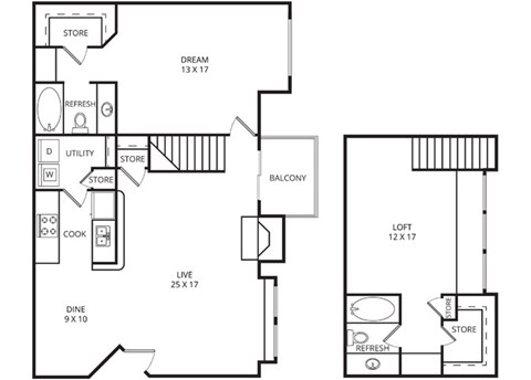 Floor plan for 2 beds, 2 baths, 1300 sqft