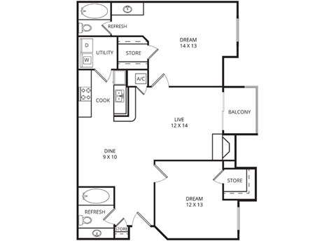 Floor plan for 2 beds, 2 baths, 921 sqft