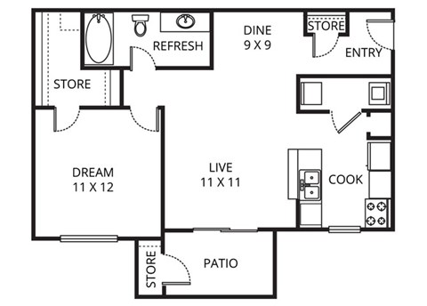 Floor plan for 1 bed, 1 bath, 655 sqft