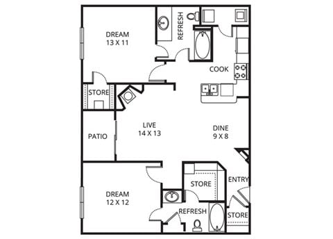 Floor plan for 2 beds, 2 baths, 1035 sqft