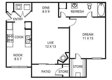 Floor plan for 1 bed, 1 bath, 778 sqft