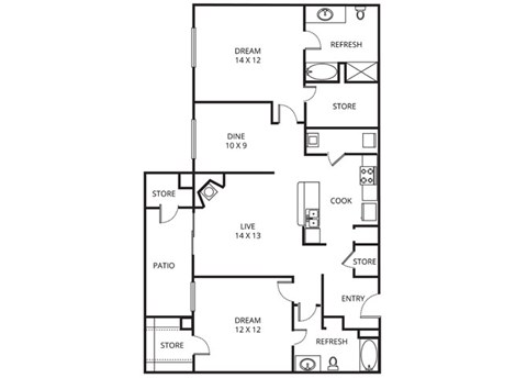 Floor plan for 2 beds, 2 baths, 1124 sqft