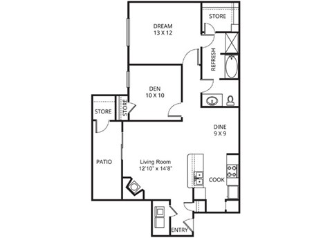 Floor plan for 1 bed, 1 bath, 902 sqft