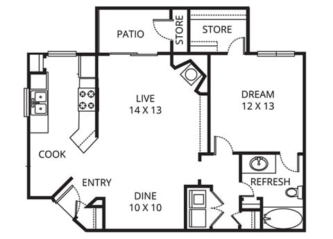 Floor plan for 1 bed, 1 bath, 864 sqft