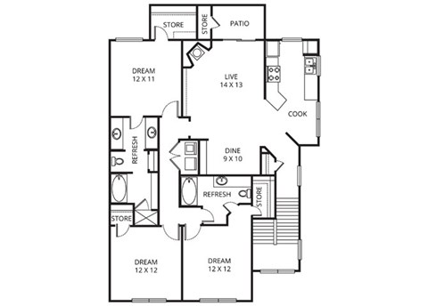 Floor plan for 3 beds, 2 baths, 1384 sqft