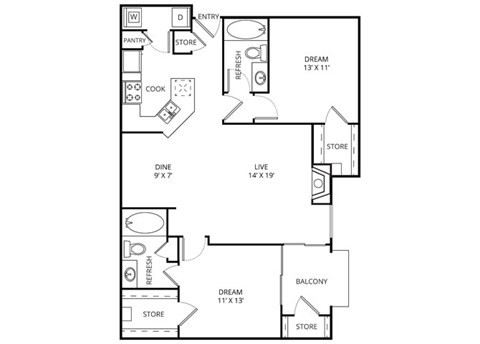 Floor plan for 2 beds, 2 baths, 1058 sqft
