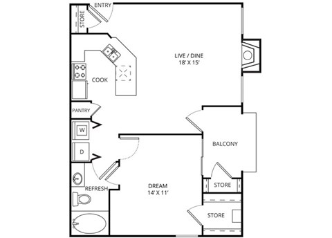 Floor plan for 1 bed, 1 bath, 716 sqft