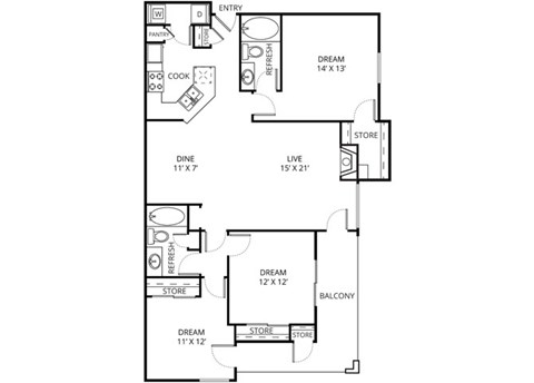 Floor plan for 3 beds, 2 baths, 1351 sqft