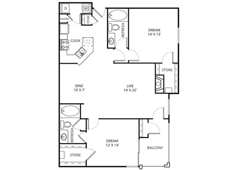Floor plan for 2 beds, 2 baths, 1187 sqft