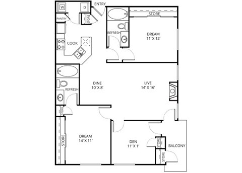 Floor plan for 2 beds, 2 baths, 1182 sqft