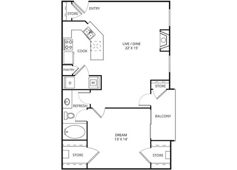 Floor plan for 1 bed, 1 bath, 808 sqft