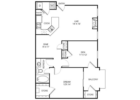 Floor plan for 1 bed, 1 bath, 918 sqft