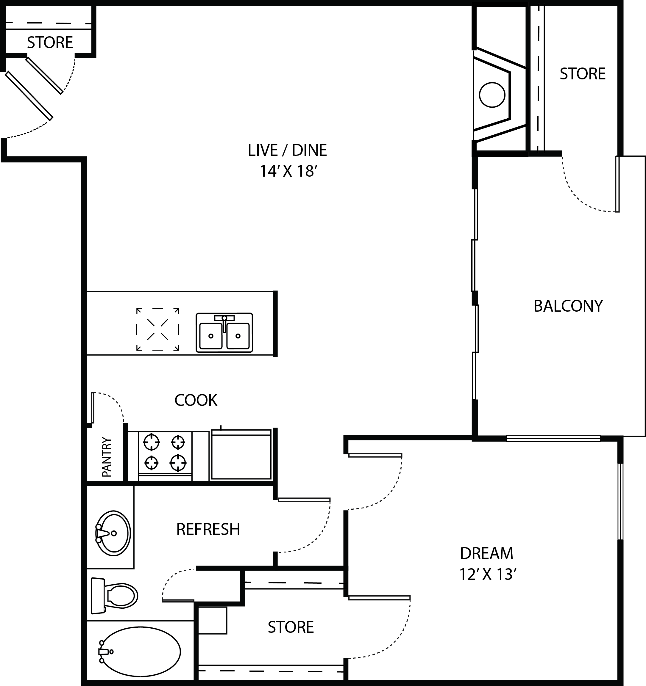 Floor plan for 1 bed, 1 bath, 665 sqft
