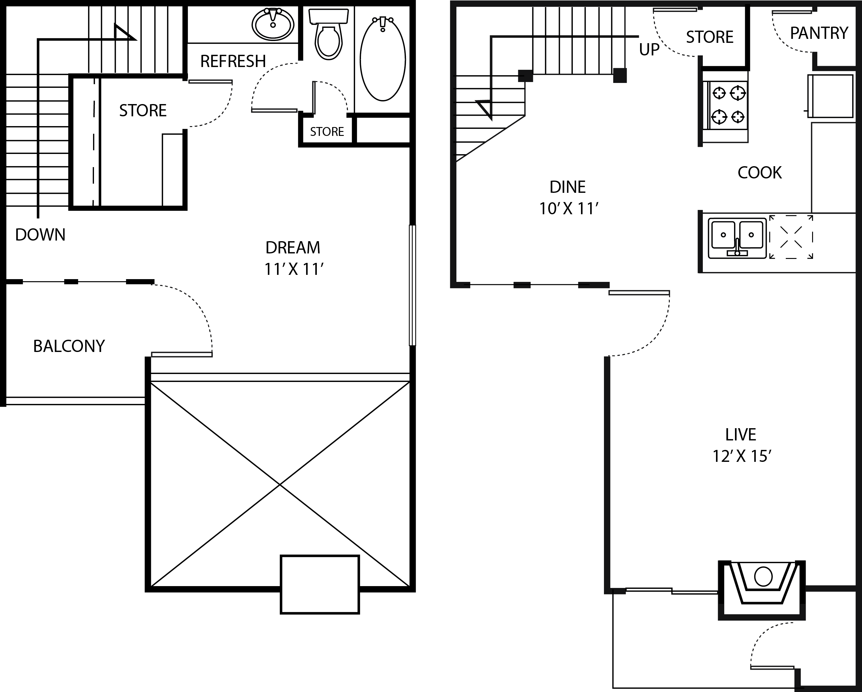 Floor plan for 1 bed, 1 bath, 800 sqft