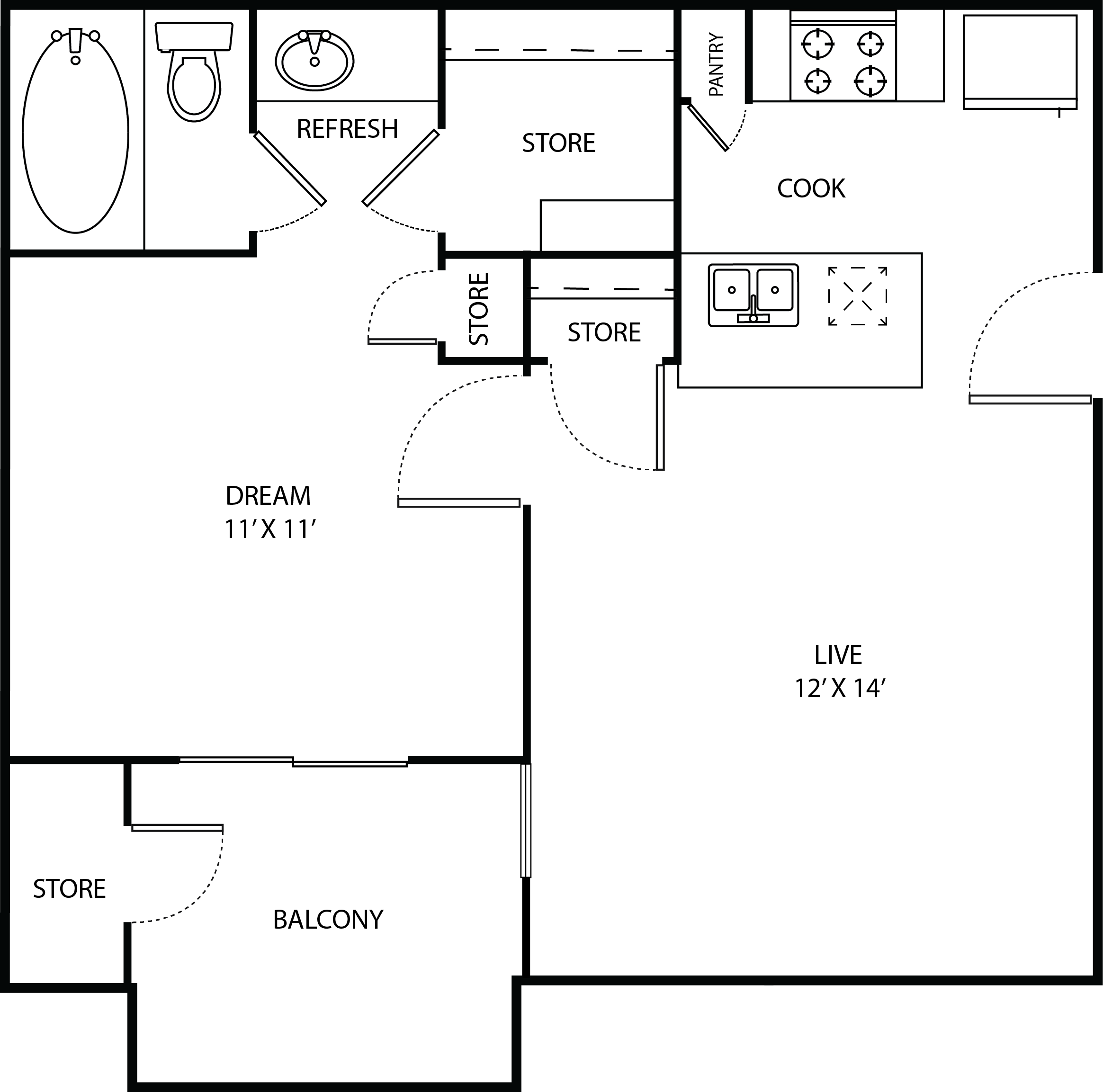 Floor plan for 1 bed, 1 bath, 460 sqft