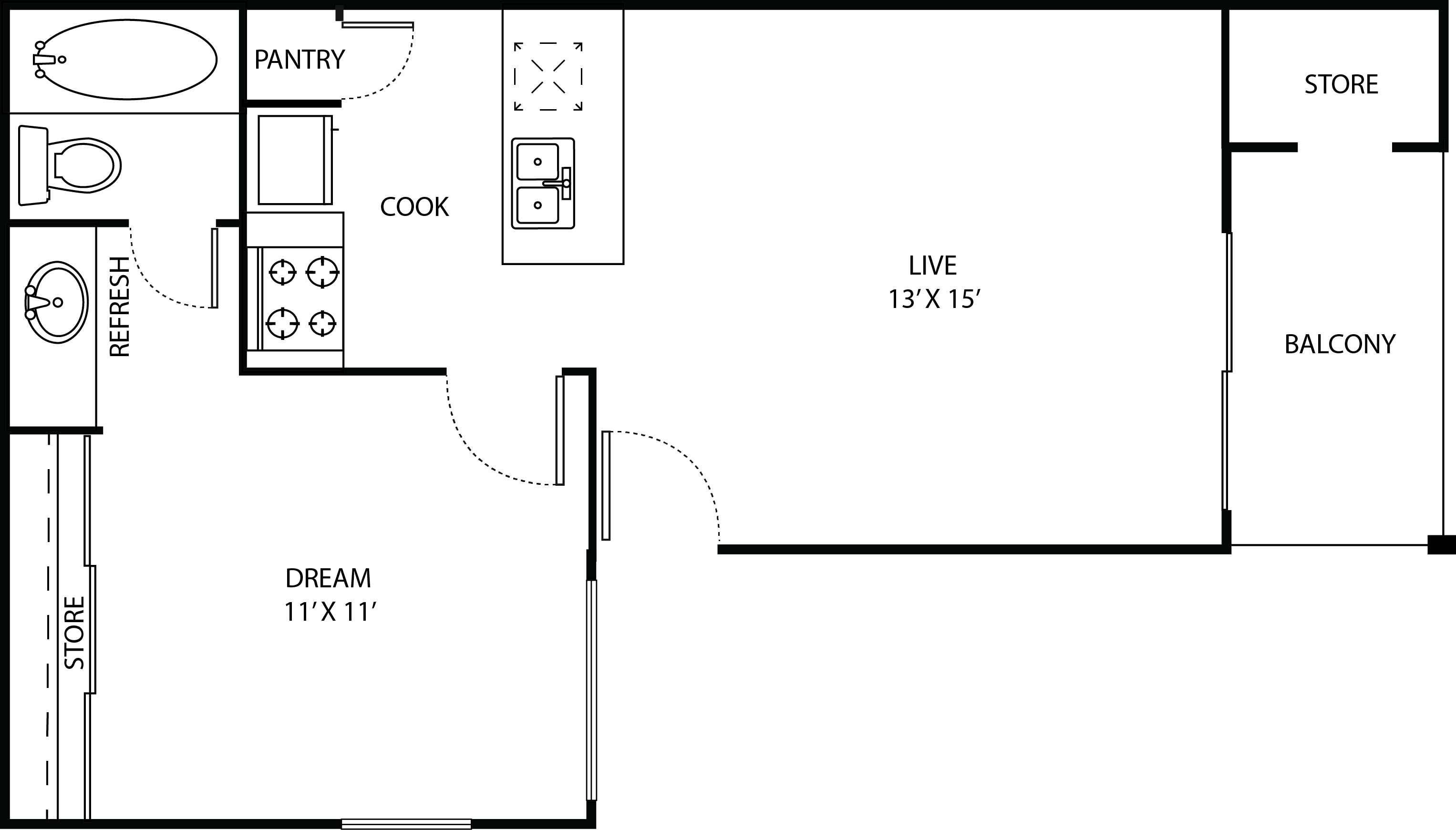 Floor plan for 1 bed, 1 bath, 463 sqft