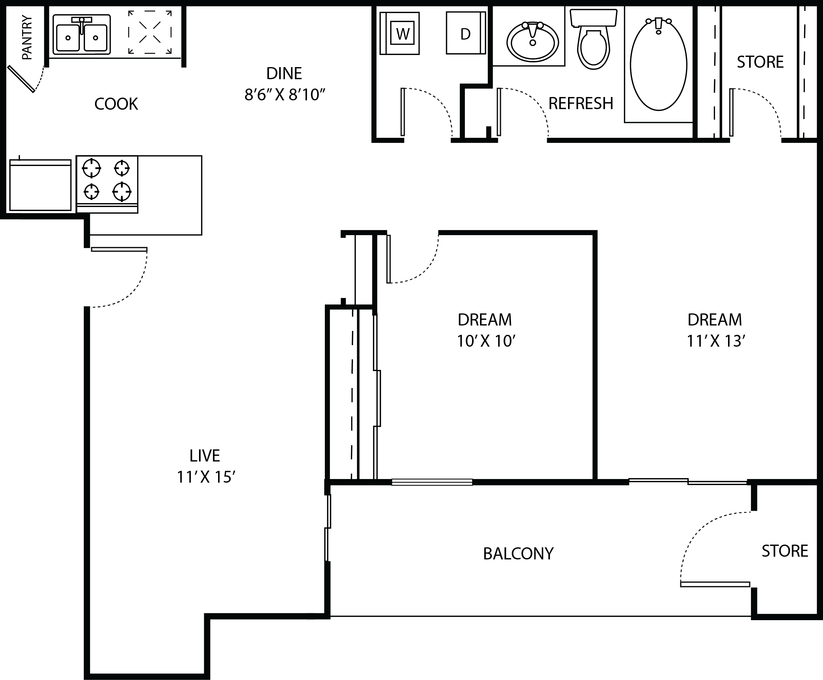 Floor plan for 2 beds, 1 bath, 800 sqft