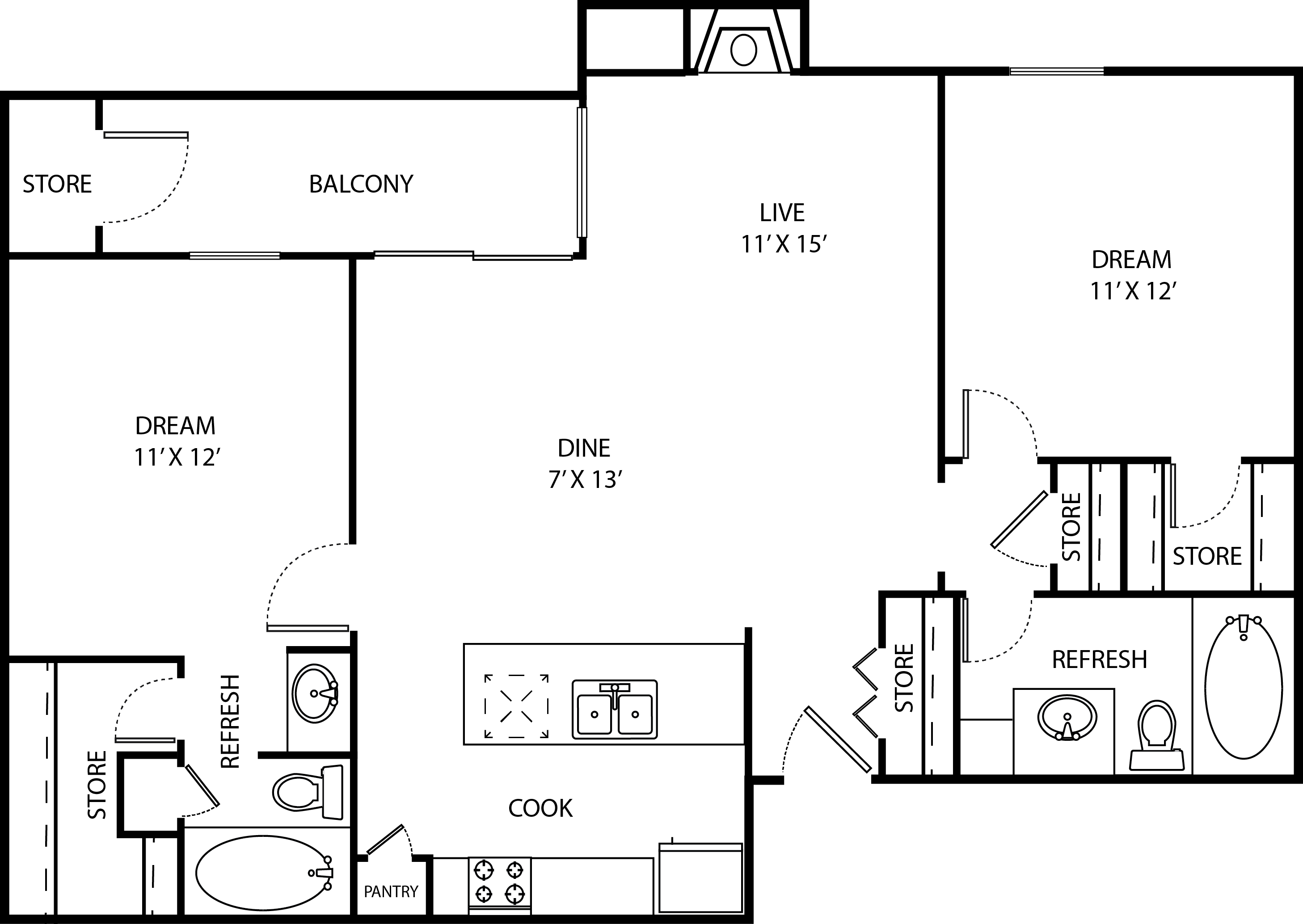 Floor plan for 2 beds, 2 baths, 930 sqft
