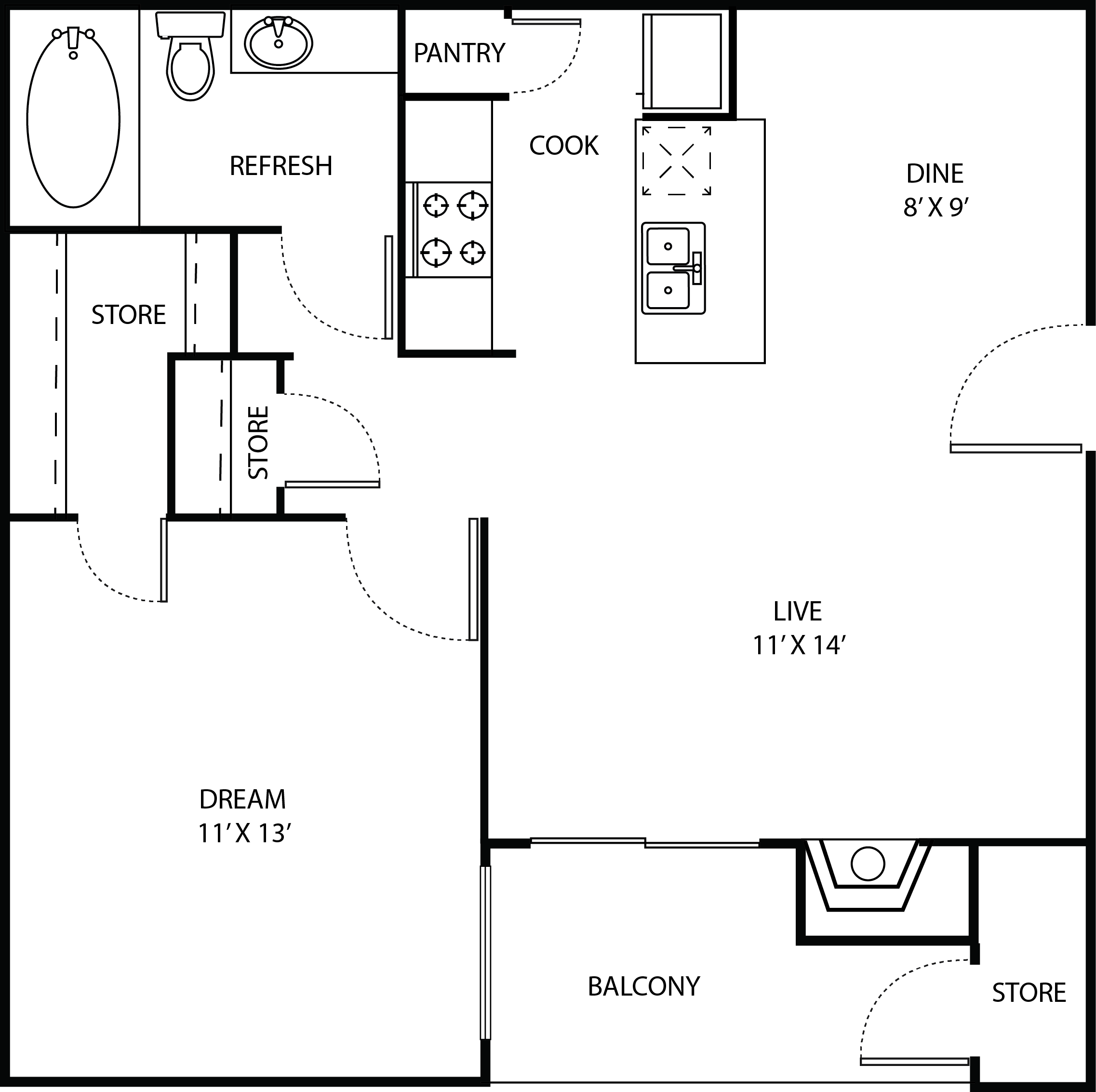 Floor plan for 1 bed, 1 bath, 603 sqft