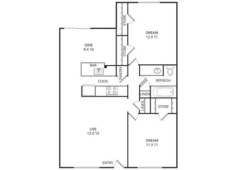 Floor plan for 2 beds, 1 bath, 900 sqft