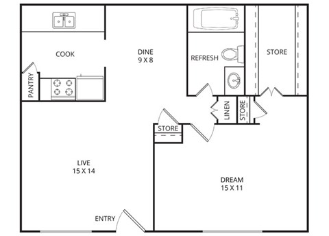 Floor plan for 1 bed, 1 bath, 740 sqft